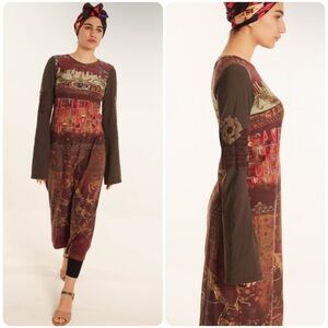 Bohemian Maroon Patchwork Long Sleeve Dress